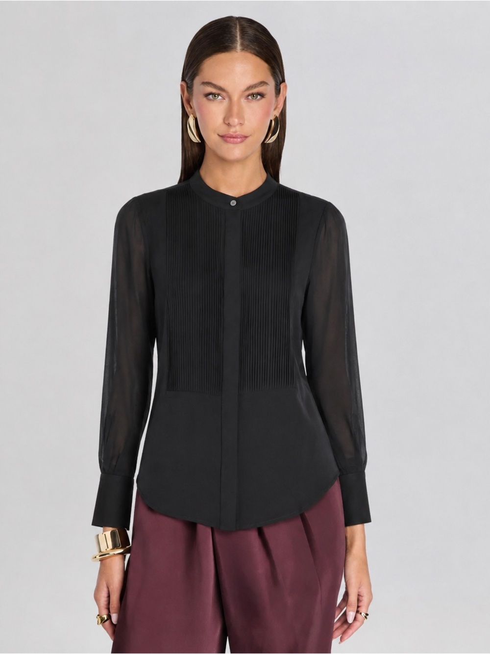 Banana Republic Black Sheer Pintuck Blouse Pleated Mock Neck Long Sleeve, XS